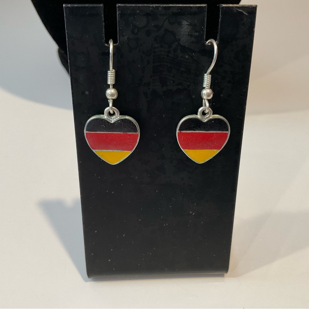 Heart-Shaped Silver Earrings with Red, Black, and Yellow Stripes